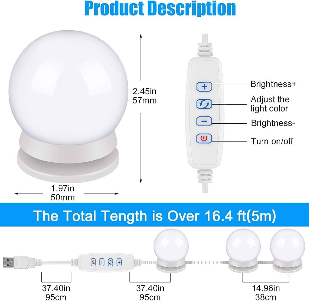 10 LED Vanity Makeup Mirror Blubs / Lights, 3 Color Lighting Modes - USB Operated